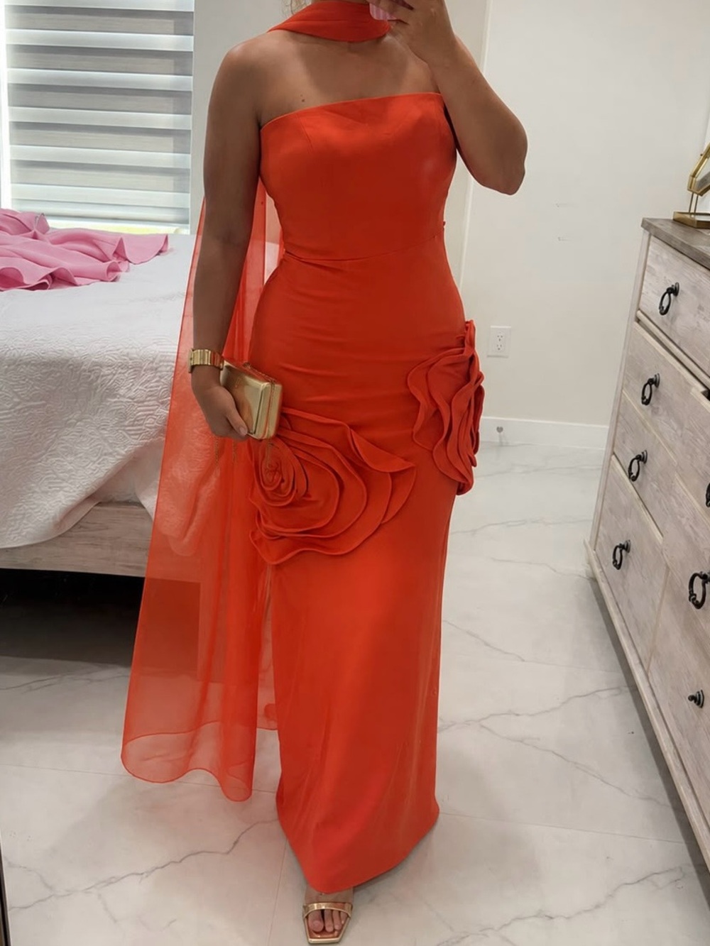 Strapless Orange Evening Gown with Rosette Accents by